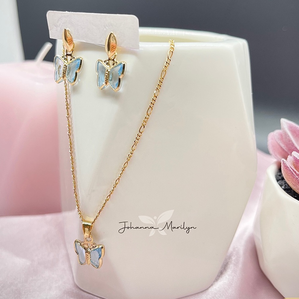 18k Gold Filled Blue Topaz Butterfly Earrings & Necklace Set 🦋✨ - Picture 5 of 7